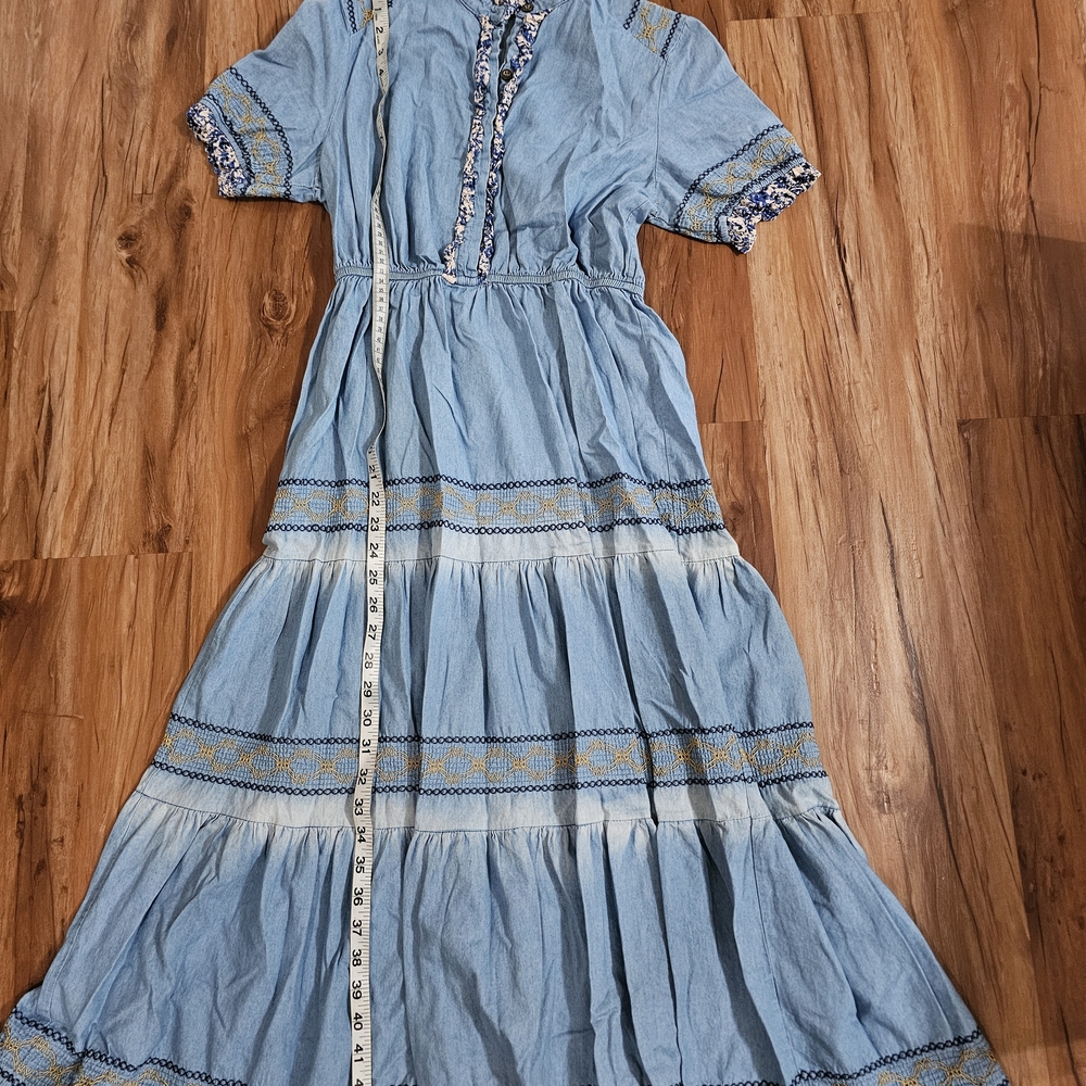 Re + Olive Light Blue Embroidered Tiered Maxi Dress Size Medium